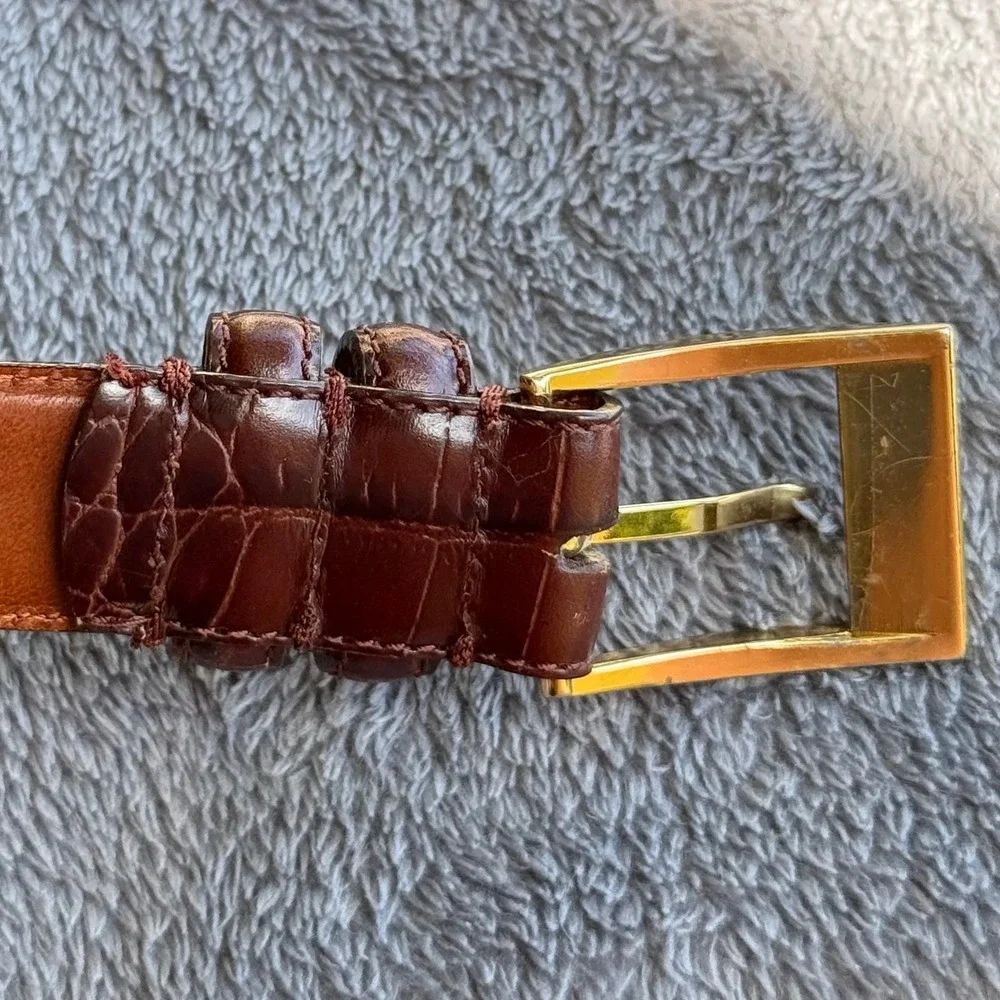 Ralph Lauren Mens Brown Crocodile Embossed Leather Belt Gold Buckle Dress Belt M - Picture 7 of 14